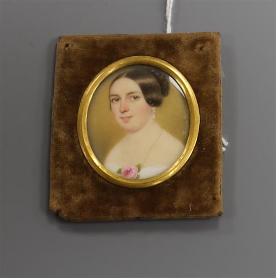 Robert Theer (Austrian, 1808-1863), oval portrait miniature on ivory of a Viennese lady, signed Robert Theer, Wien 1849 3.5 x 3cm